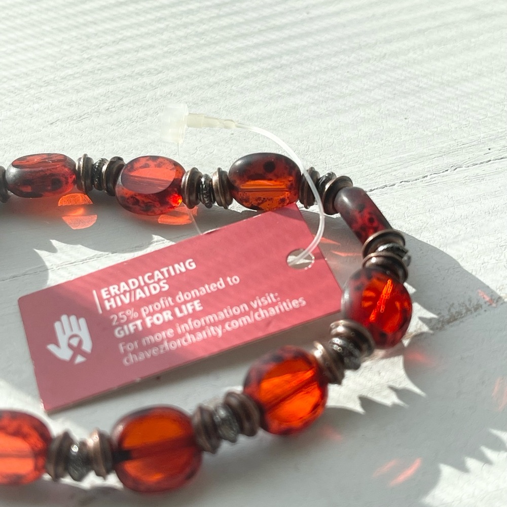 cfc Glass Red Stretch Beaded Bracelet with Bronze Tone Accent Beads